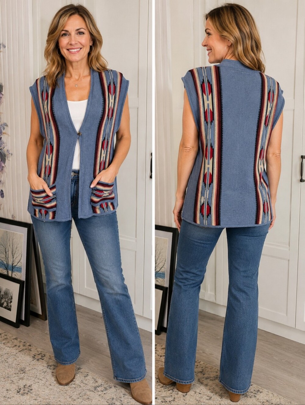 Chaps Womens 2X Sweater Vest Blue Aztec Southwestern Long Cardigan Pockets EUC